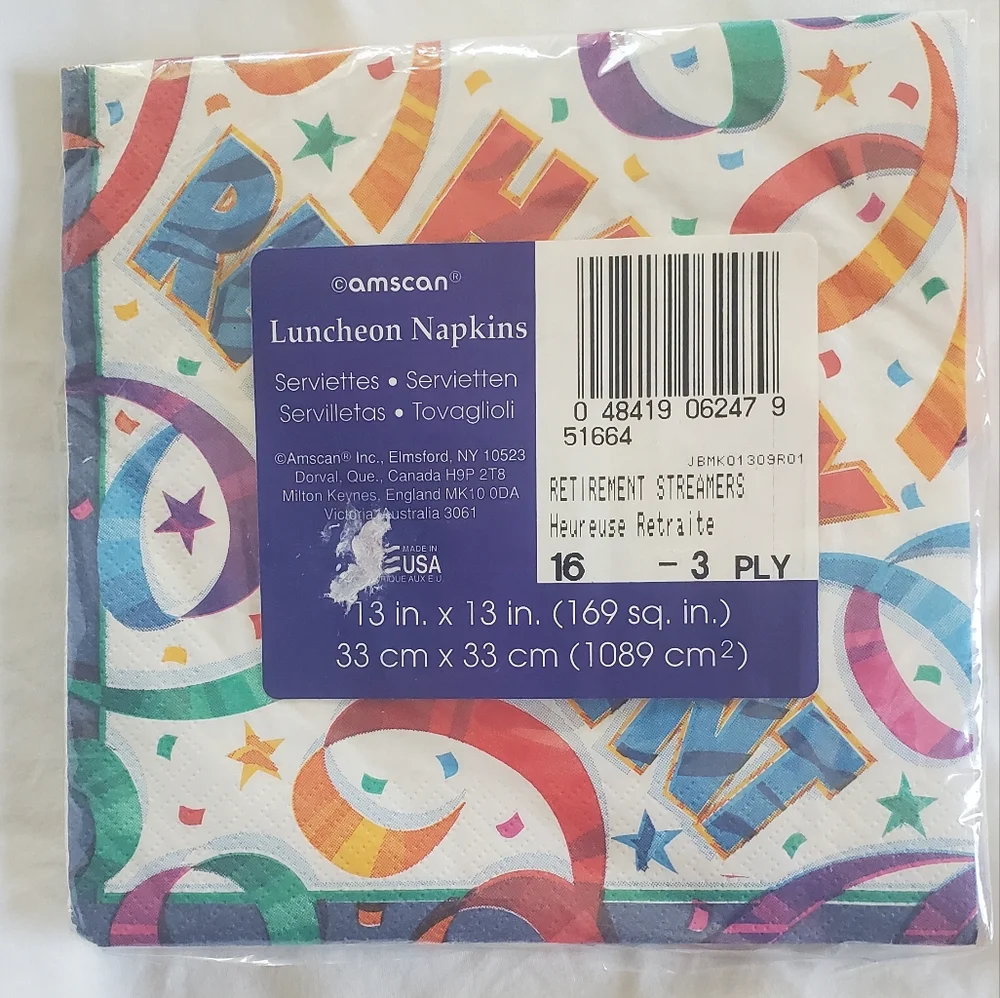 Happy Retirement Amscan Luncheon Napkins 13 in x 13 in 16- 3 Ply NOS NIP
